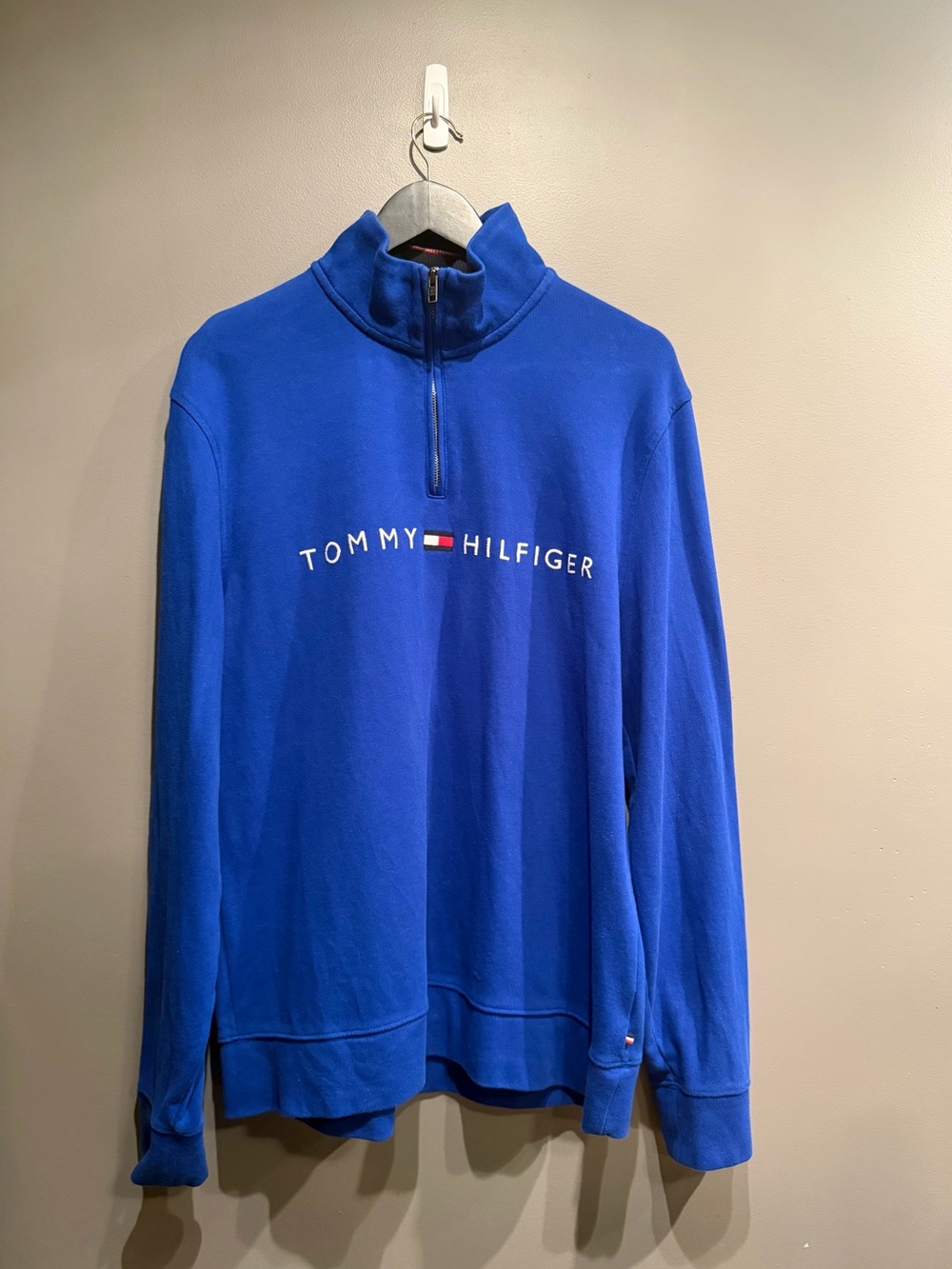 Vintage Tommy Hilfiger Quarter Zip Sweatshirt Mens Large Blue Small Hole On Back